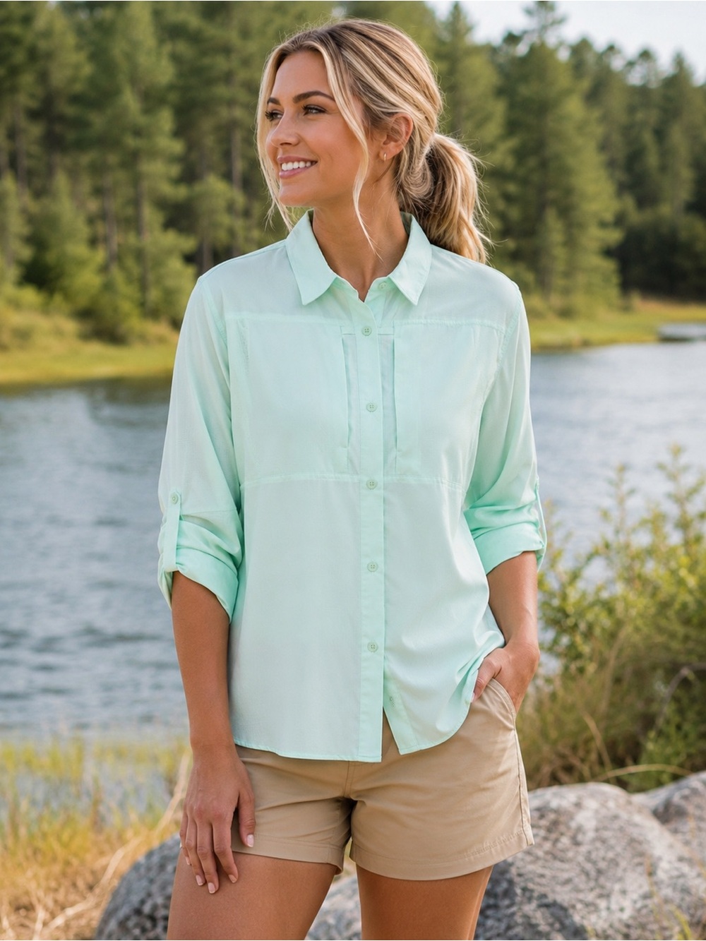 Bass Pro Shops Mint Green Button-Down Long Sleeve Shirt